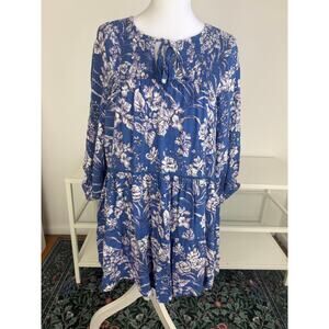 BOG Collective Womens Floral Bohemian 3/4 Sleeve Babydoll Blue Tunic Top Small